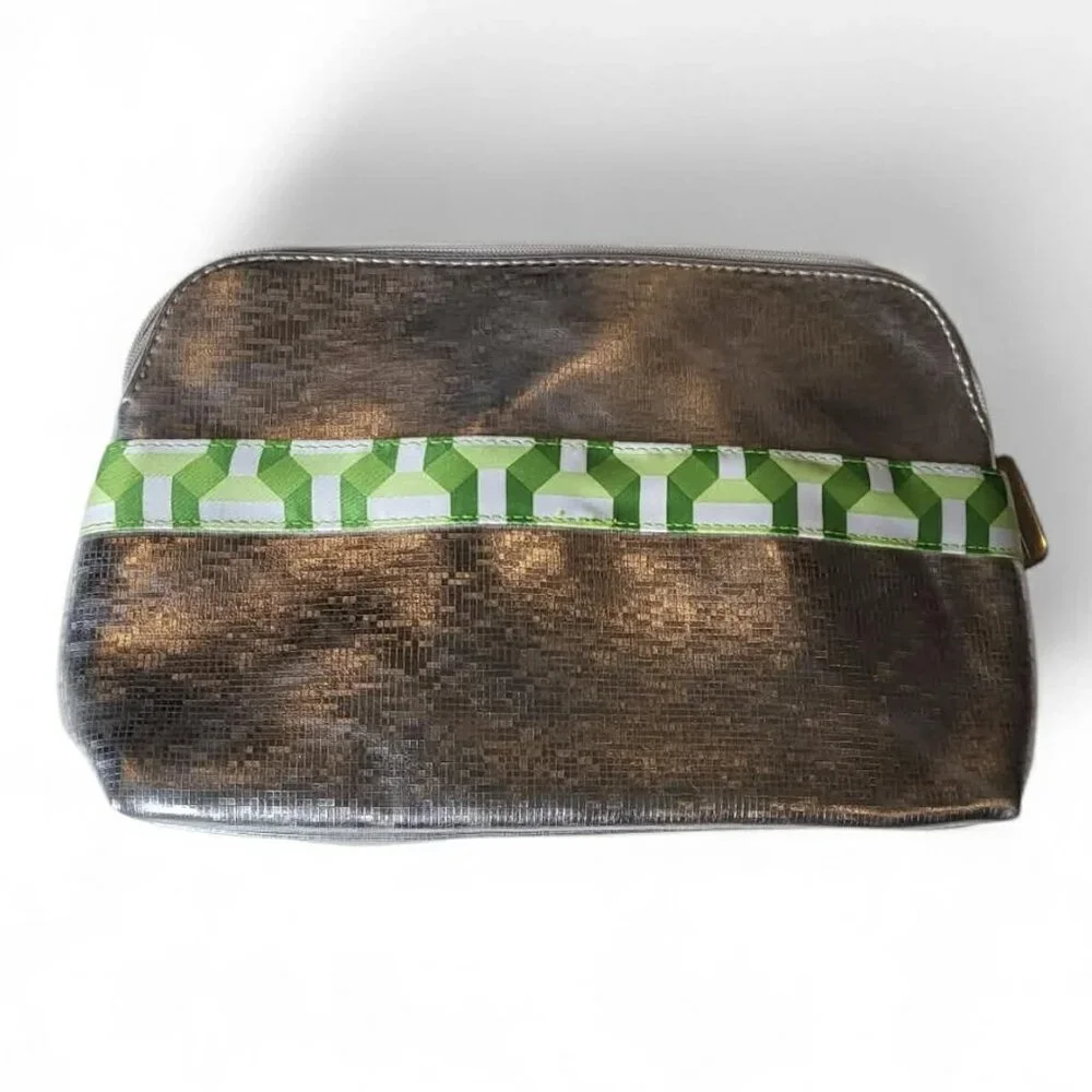 Clinique Makeup Cosmetic Bag Logo Zip Case Travel Pouch Silver Green